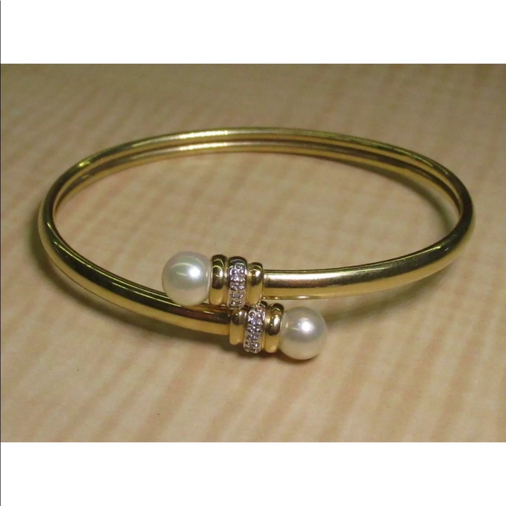 14K Y Gold Flex Cuff Bracelet Pearls Diamonds